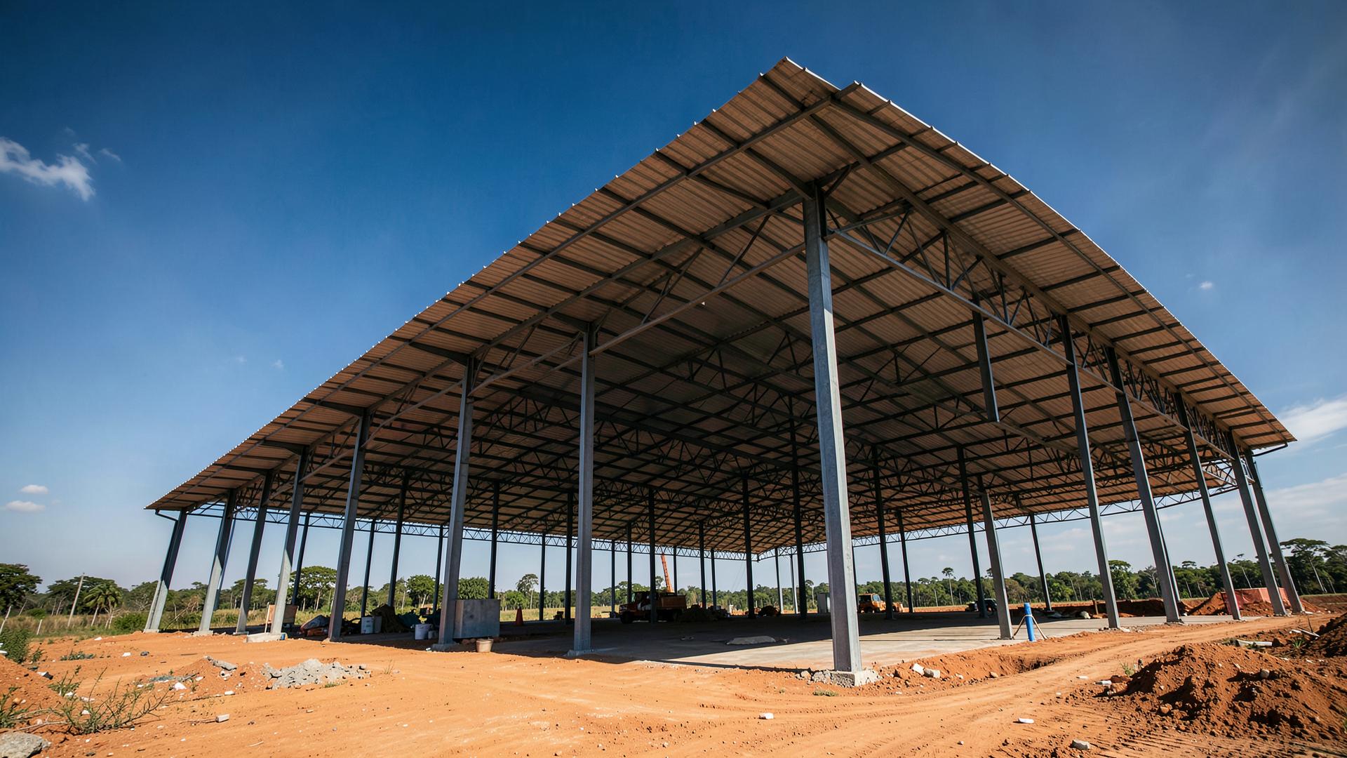 Galpão com cobertura metálica em construção